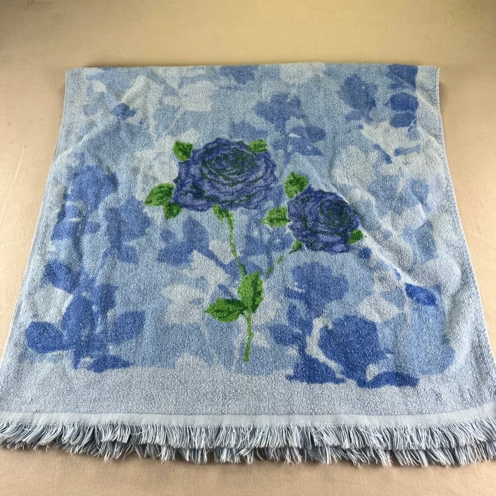 Vintage Cannon Hand Towel and bath Blue Rose Floral Cotton Fringed Made in USA
